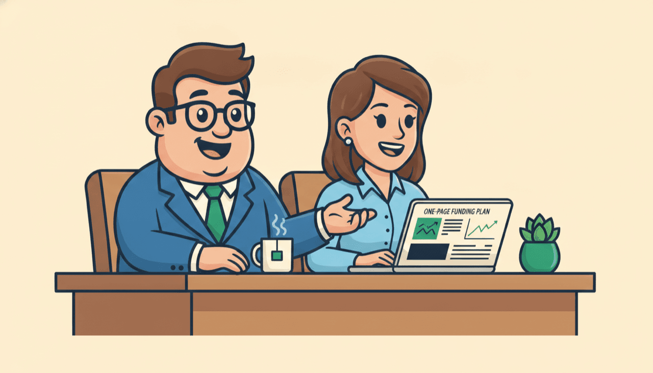 Fred sitting at a desk with a business owner, walking through a simple funding plan together